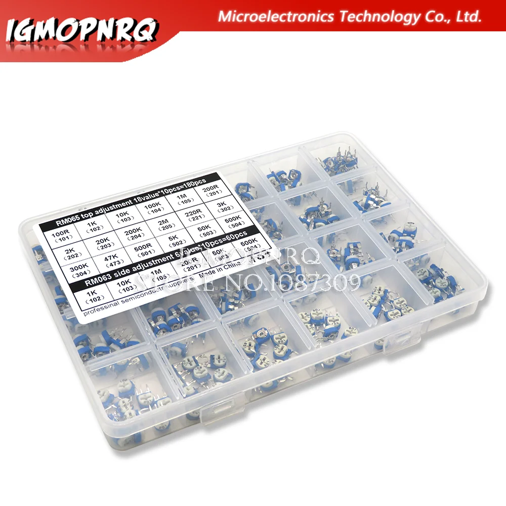 240Pcs/Box 24Values RM065 100R - 2M RM063 Carbon Film Horizontal Trimpot Potentiometer Assortment Kit Variable Resistor