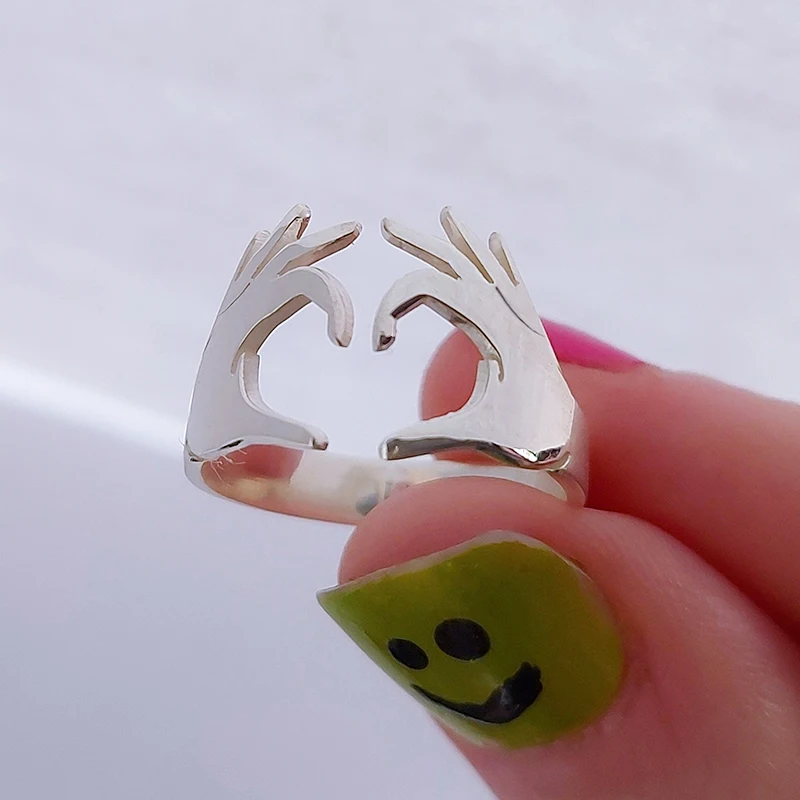 Huitan مزدوجة اليد القلب الحب زوجين خواتم عصرية قابل للتعديل افتتاح خواتم للنساء/الرجال عناق الأيدي تصميم المجوهرات العصرية #3