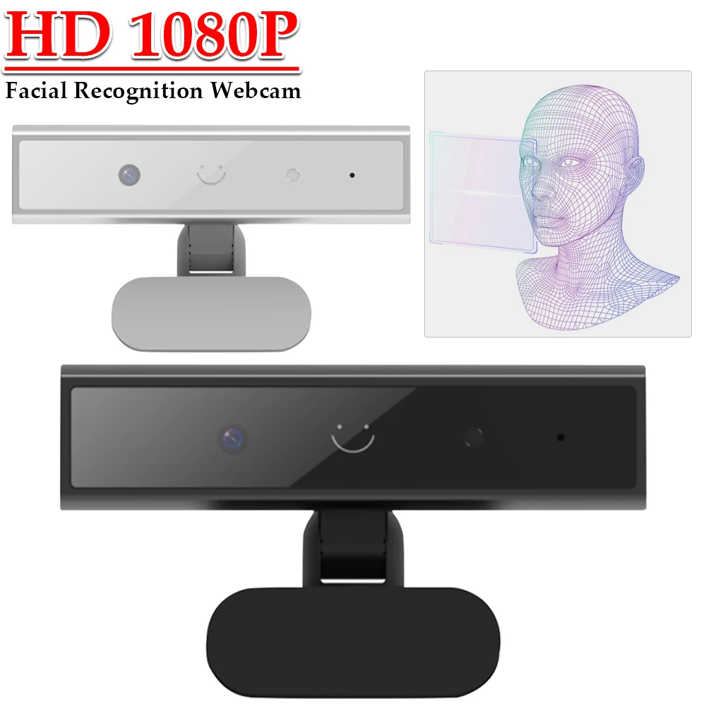 Facial Recognition Webcam with Single Microphone for Windows Hello USB Computer Webcam HD 1080P 2MP for Laptop Desktop Computer