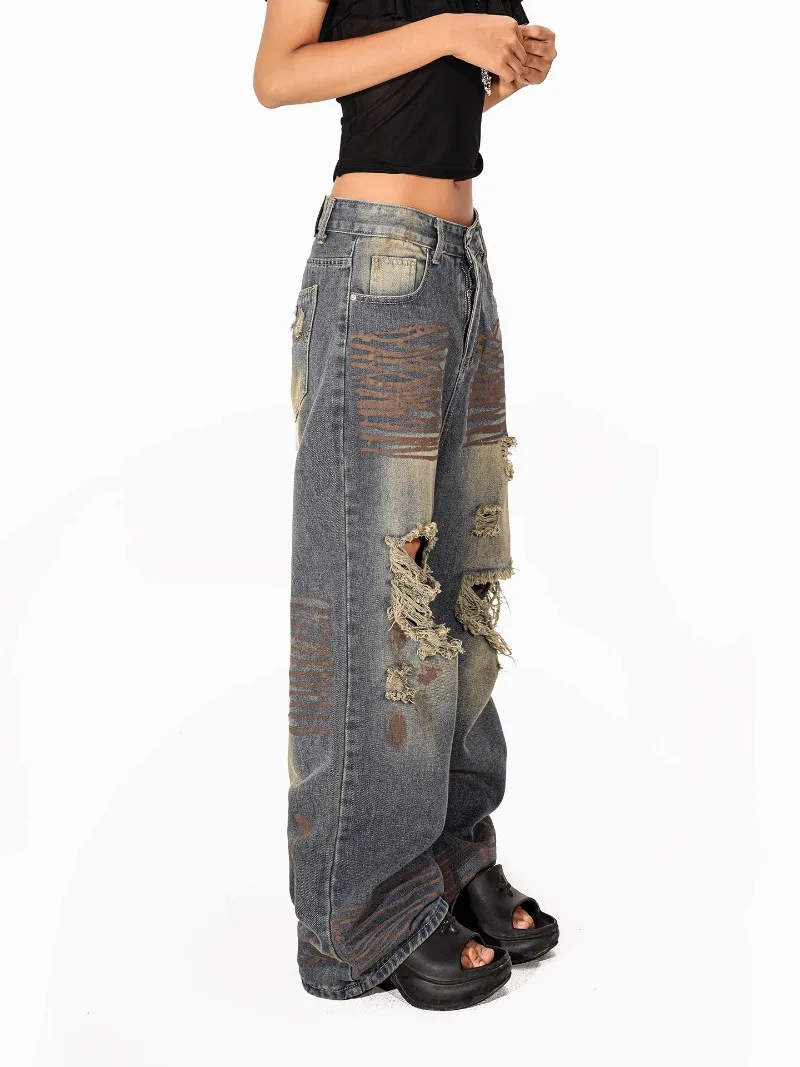 New American Retro Style Zipper Long Ripped Jeans Ladies Summer Design Wide-legged Soft Girls Mopping Trousers Women's Clothing