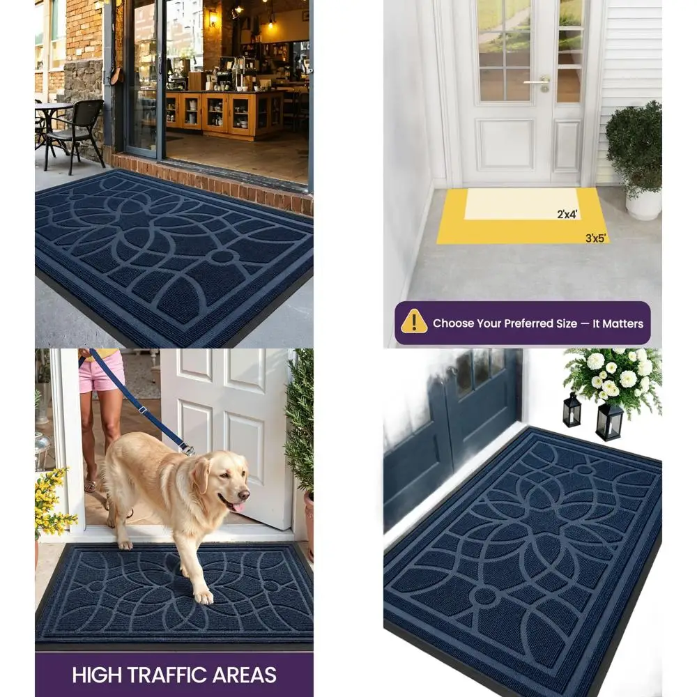 Heavy-Duty Non-Slip Low Profile Door Mat, 5x3, Blue, for Entryway, Patio, and Garage, Traps Dirt and Moisture