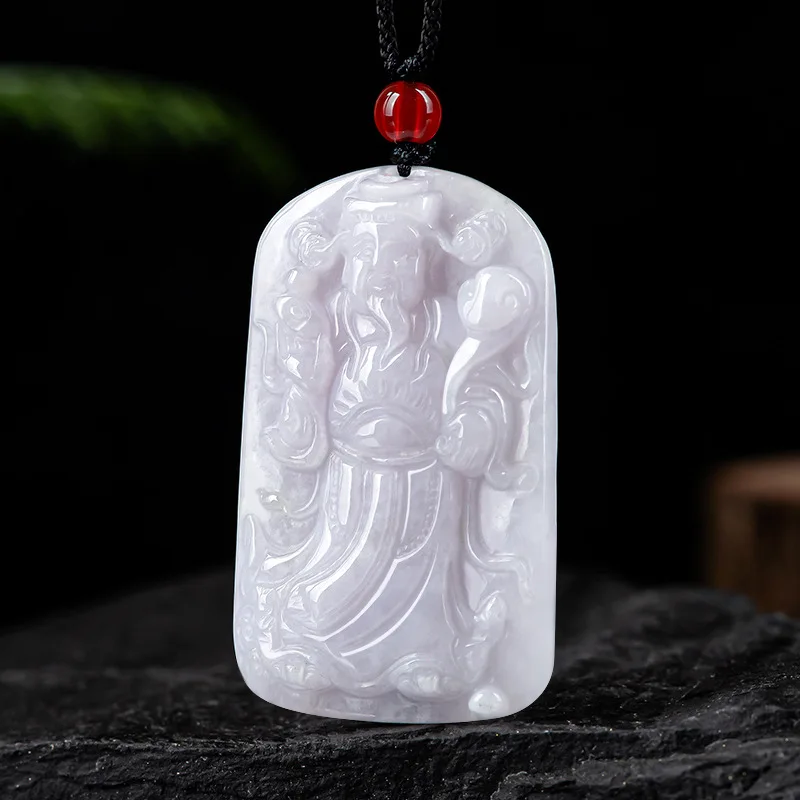 Natural Jade Light Purple God Wealth Pendant Charm Necklace Exquisite Jewelry Luck Amulet Fashion Accessories Sweater Chain Gift