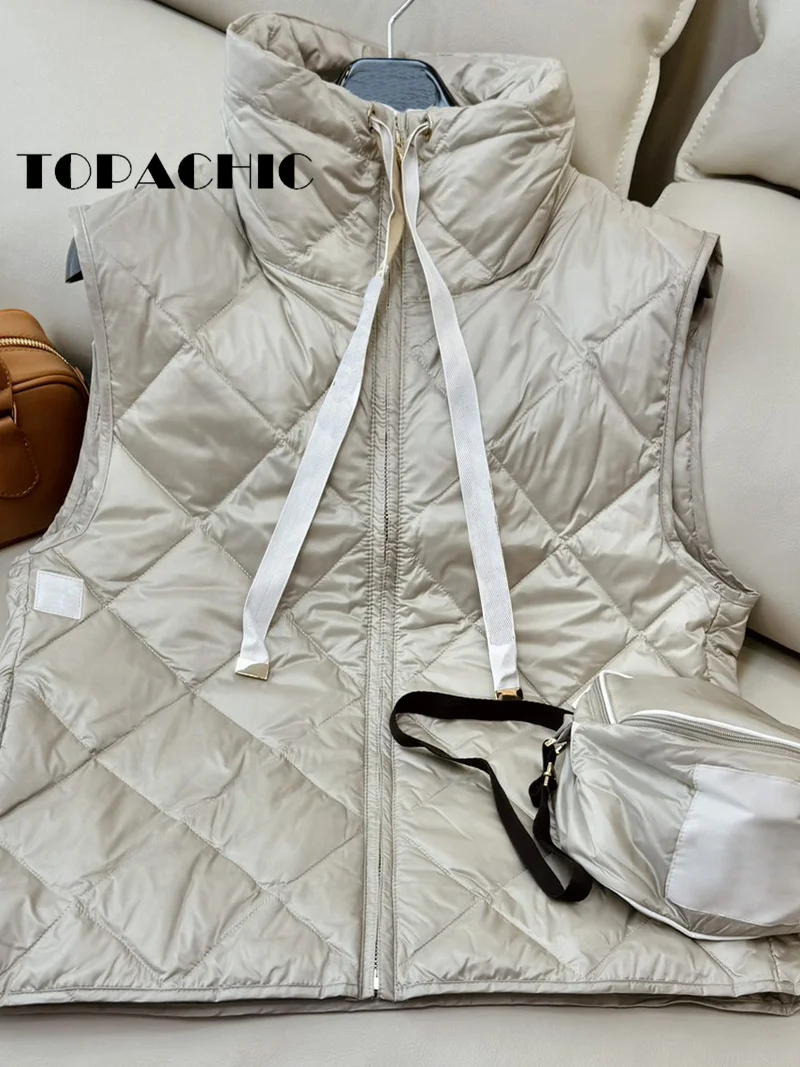 9.6 TOPACHIC-Women Quilted Argyle Plaid White Goose Down Keep Warm Vest Letter Lace-up Stand Collar Zipper Down Vests Outerwear