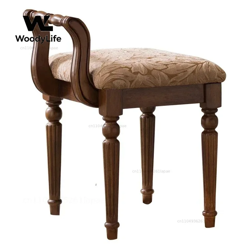French Solid Wood Makeup Stool European Dressing Chair Bedroom Balcony Backrest Chair Retro Home Furniture Classic Vanity