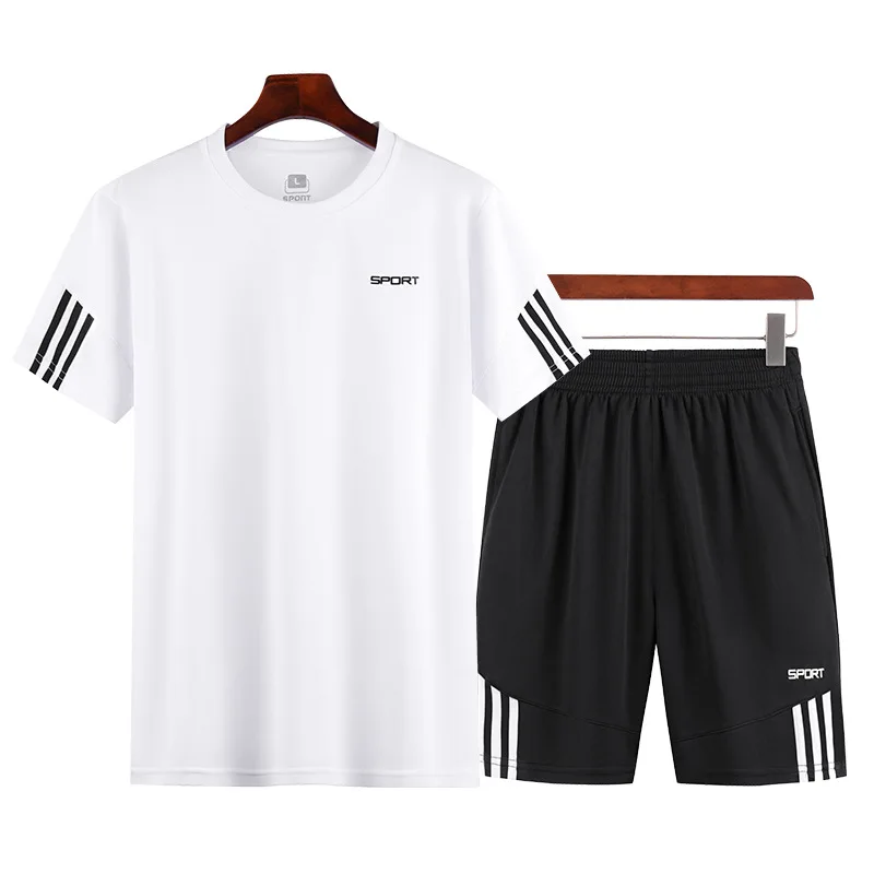 Summer Running Suit Men Plus Size Casual Sports Fitness Quick Drying Set Round Neck Short Sleeve T-shirt Shorts Two Piece Set