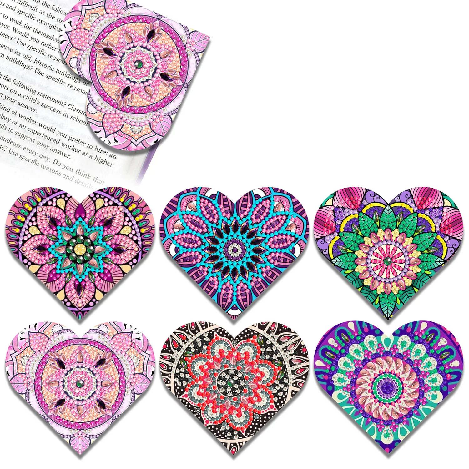 6pcs/Set DIY Heart Diamond Art  Corner Bookmarks Leather Book Marks Crystal Rhinestones Diamond Painting Bookmarks for Beginners