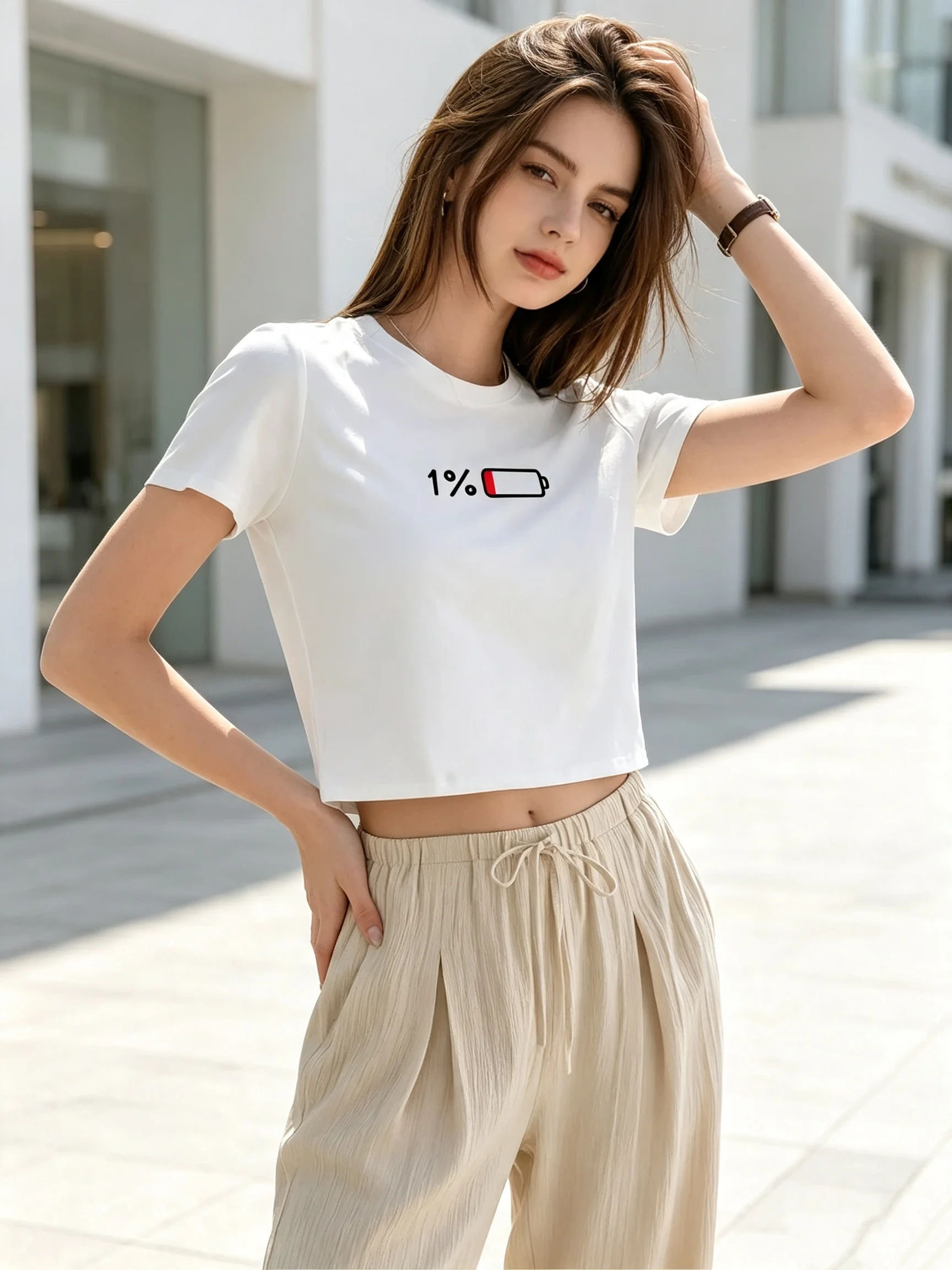 White 1% Battery Print Short T-Shirt Summer Loose Casual Versatile Top for Women
