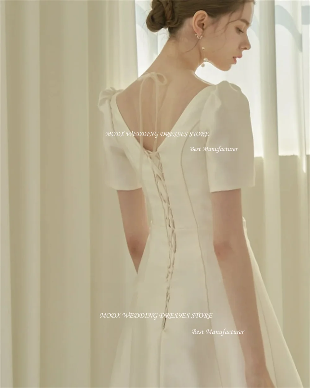 MODX Elegant Corset Korea Ivory Satin Wedding Dresses 웨딩드레스 Square Neck Floor Length Custom Made Pretty Bride Gowns