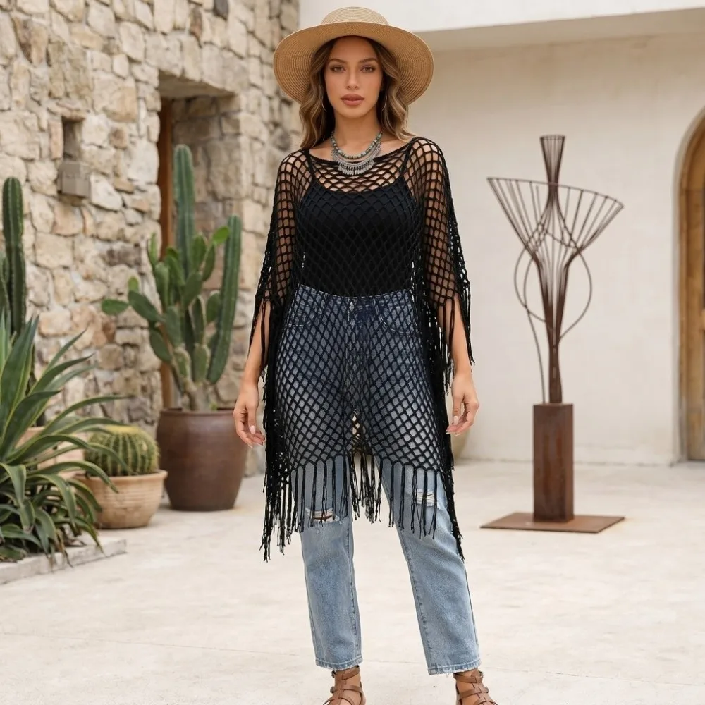 

Simple Tassel Sunscreen Cover-up Loose Fit Plus Size Knit Hollow Out Top Crochet Casual Fishnet Swimsuit Cover Up Lady