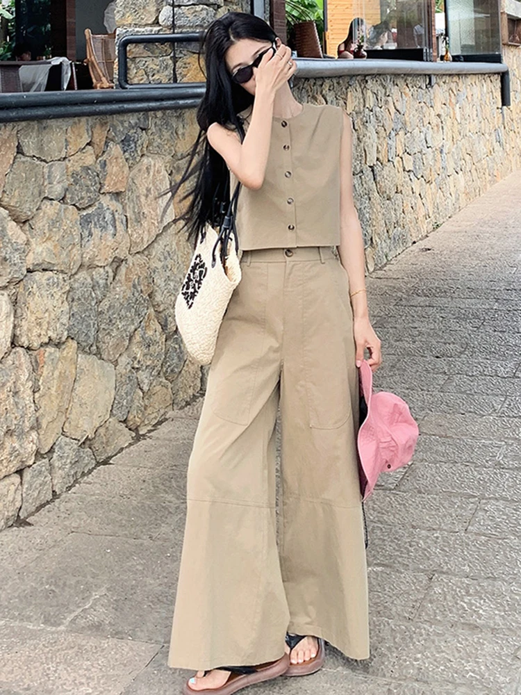 Summer Women\'s Two-piece Sets Sleeveless Vest High Waist Loose Wide Leg Casual Pants