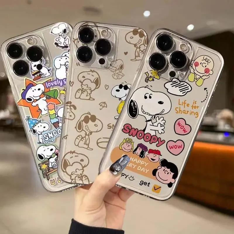 Snoopy Cute Cartoon Transparent TPU Phone Case For iPhone 16 15 Pro Max 14 11 12 13 Mini XR XS 7 8 Plus SE 2022 Soft Cover Y2k