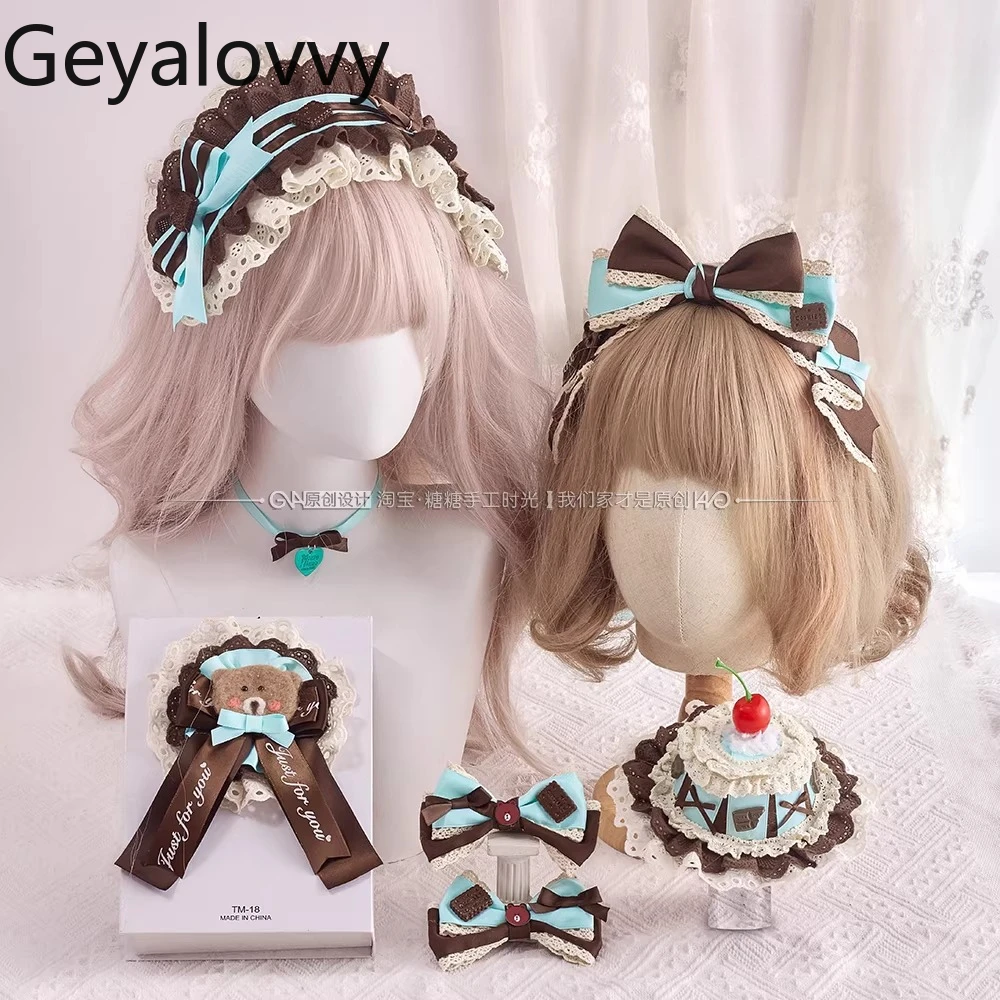 Original hecho a mano Lolita dulce lindo sombrero pequeño accesorios para el cabello menta Chocolate arco diadema japonés Kawaii par Clips