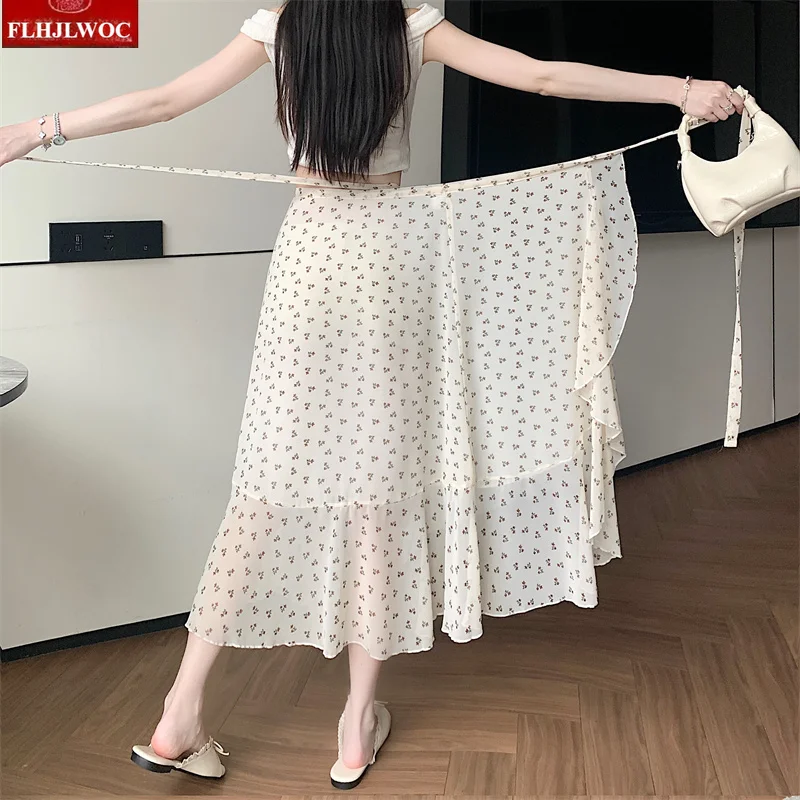 Wrap-Up One-Piece Skirts FLHJLWOC Women's Holiday Bohemian Style Vacation Beach Bodycon Lace-Up Ruffle Floral Chiffon Skirt