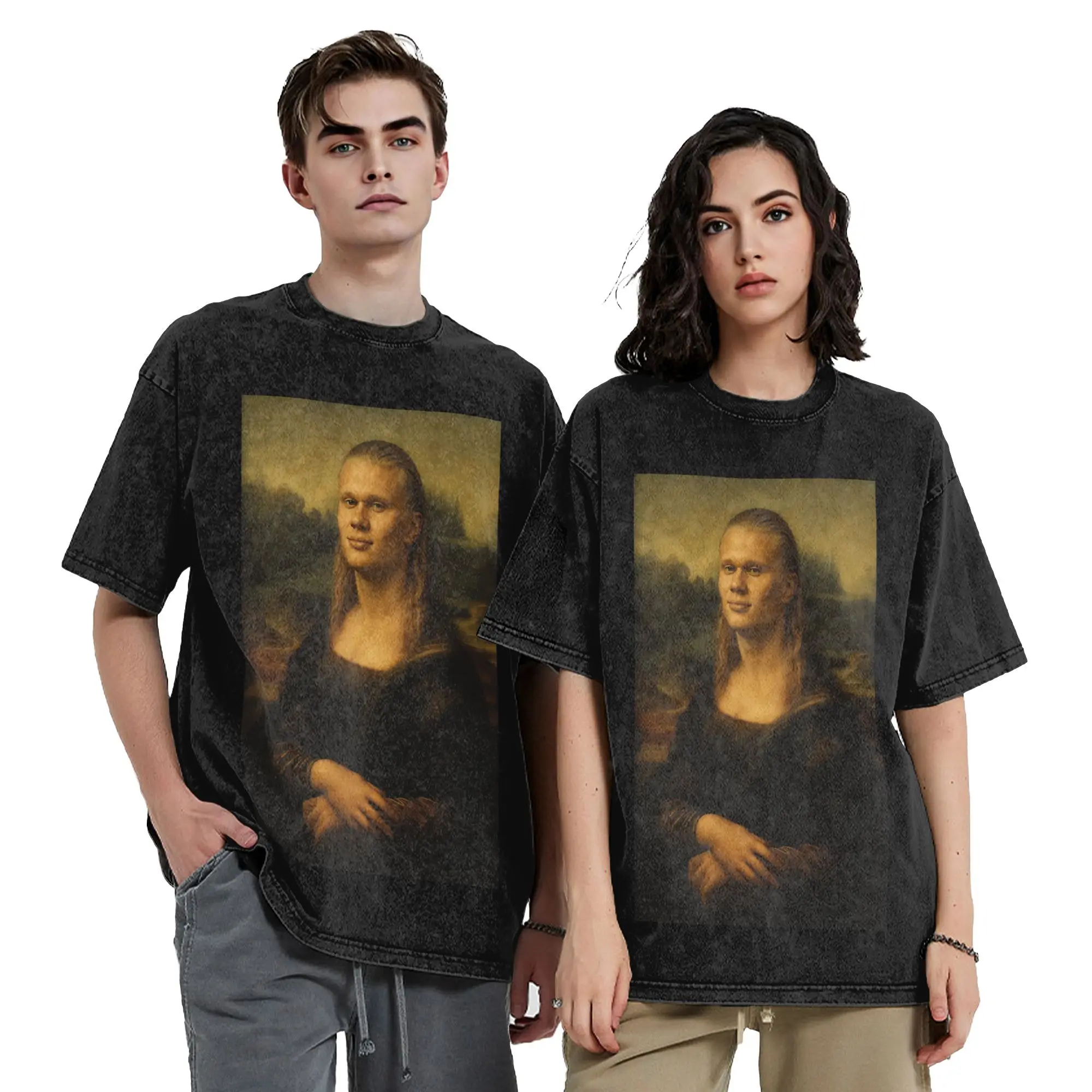 H-Haalands Mona Lisa Meme  Vintage Washed T Shirt  Pure Cotton Clothing Vintage Short Sleeve Round Collar Tees Gift Idea T-Shirt