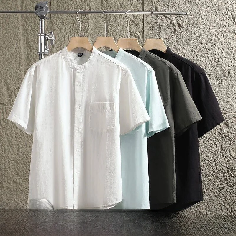 

Skin-friendly Breathable Linen Mixed Fabric Men's Short Sleeve Shirt Stand Collar Casual Style Standard Fit Summer Spring