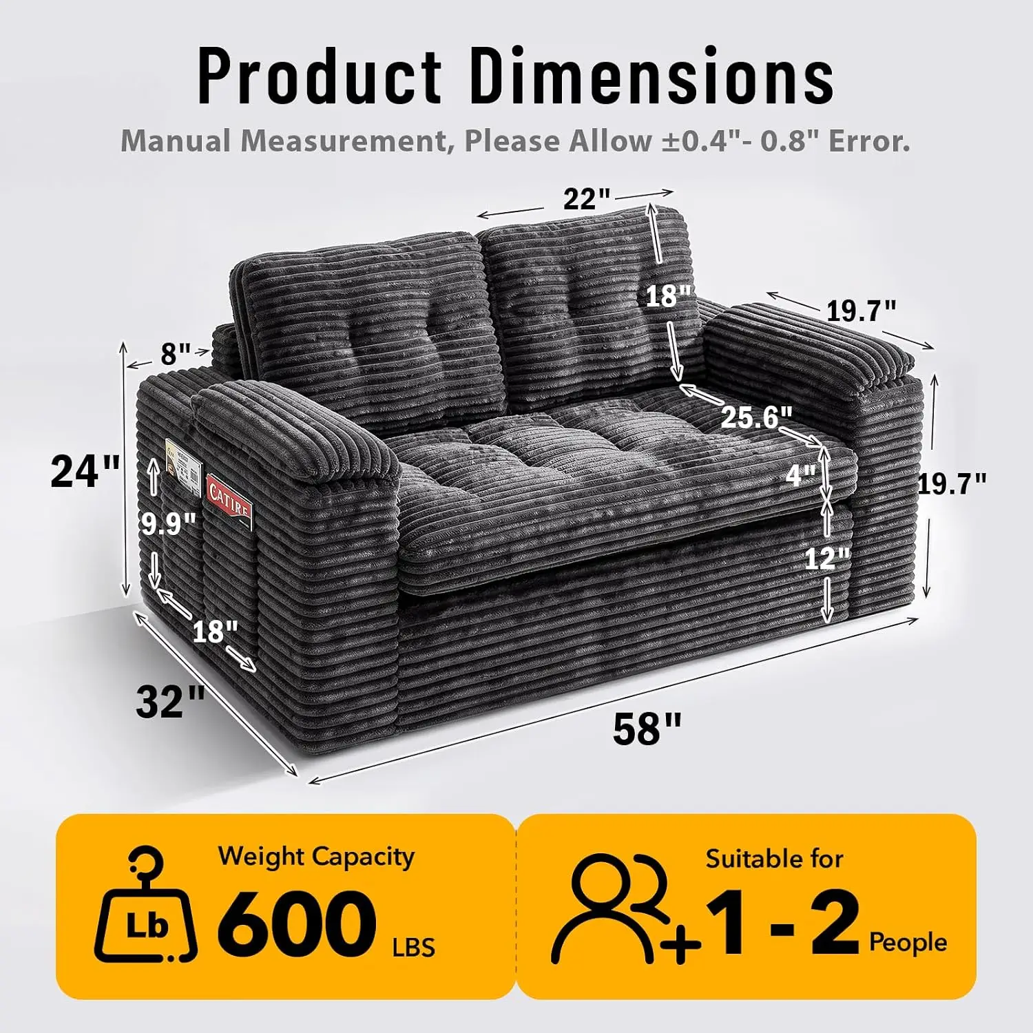 Loveseat Sofa Small Cloud Couch Double-Density Foam Removable Washable Corduroy Cover 4 Pillows Floor Compact Small Spaces Dark