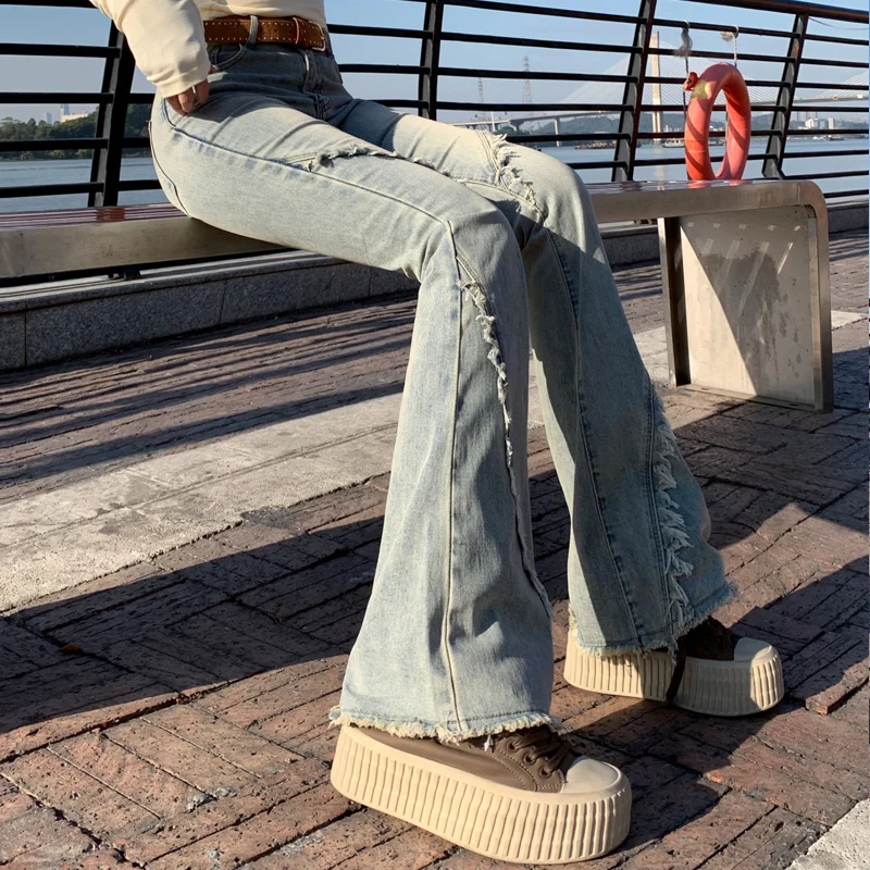 

Женские повседневные облегающие брюки Y2K, винтажные потертые многослойные брюки с высокой талией и потертым подолом, сексуальные джинсы Y2k