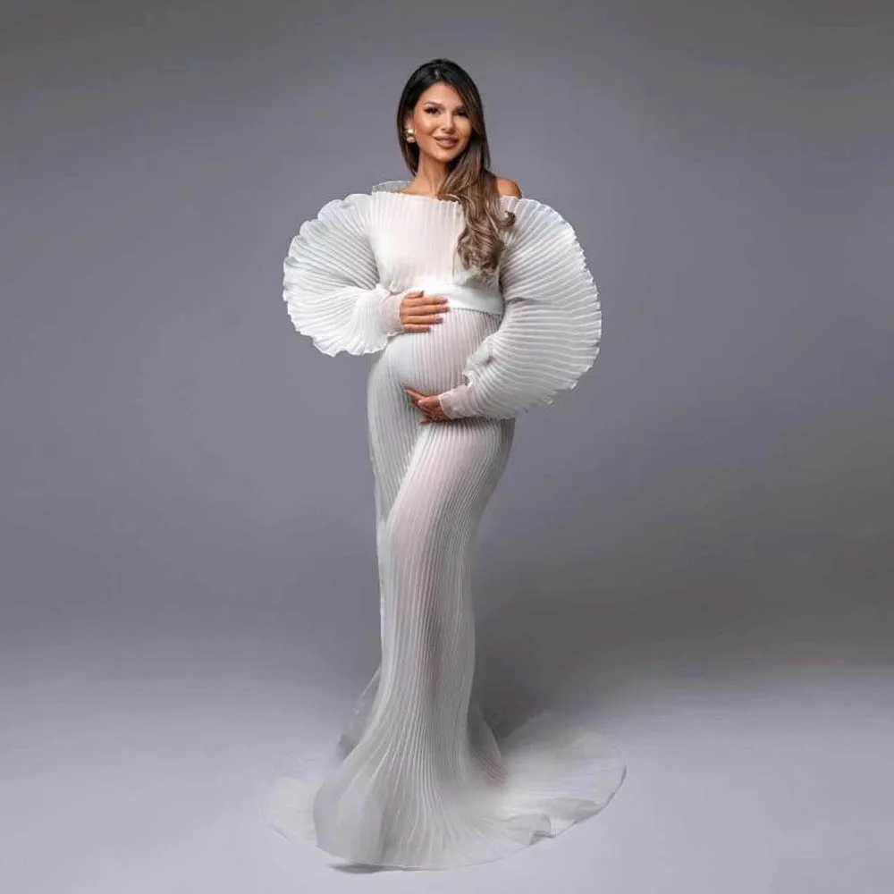 

Draped Sexy Pregnancy Dresses For Baby Showes Off the Shoulder Long Lush Sleeves Maternity Gown Pleated Mermaid Maternity Dress