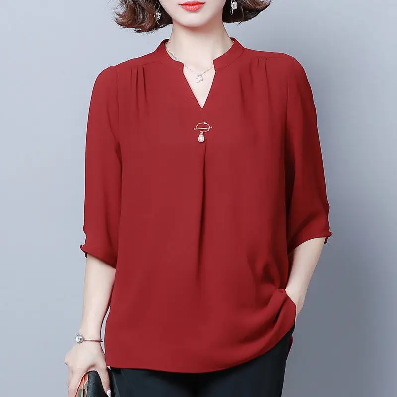 Women Clothes Ruffled Simple Elegant Blouse Summer Fashion V Neck Half Sleeve Casual Shirts Solid Loose Tunic Ladies Tops Blusas