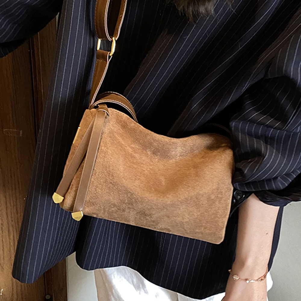 

Женские замшевые сумки через плечо в стиле ретро, однотонные мягкие повседневные сумки-мессенджеры большой вместимости, женские универсальные сумки подмышками