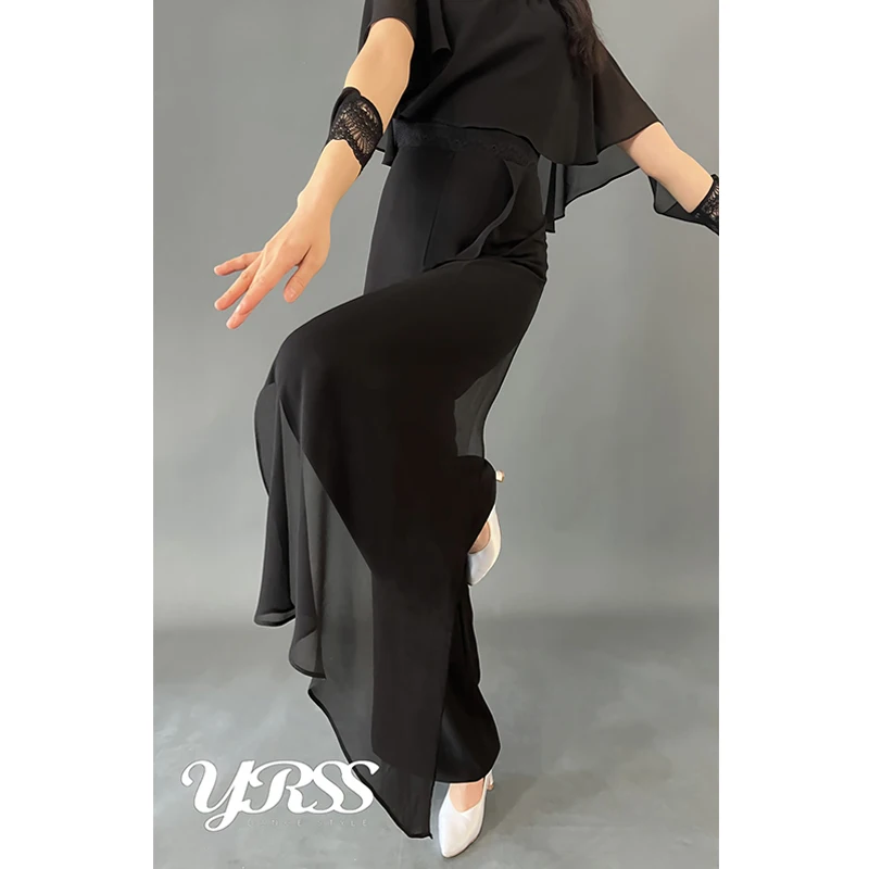 Ballroom Dance Clothes Black Lace Tops Women Long Sleeves Flowing Mesh Waltz Dance Costume Tango Performance Dancewear BL12881