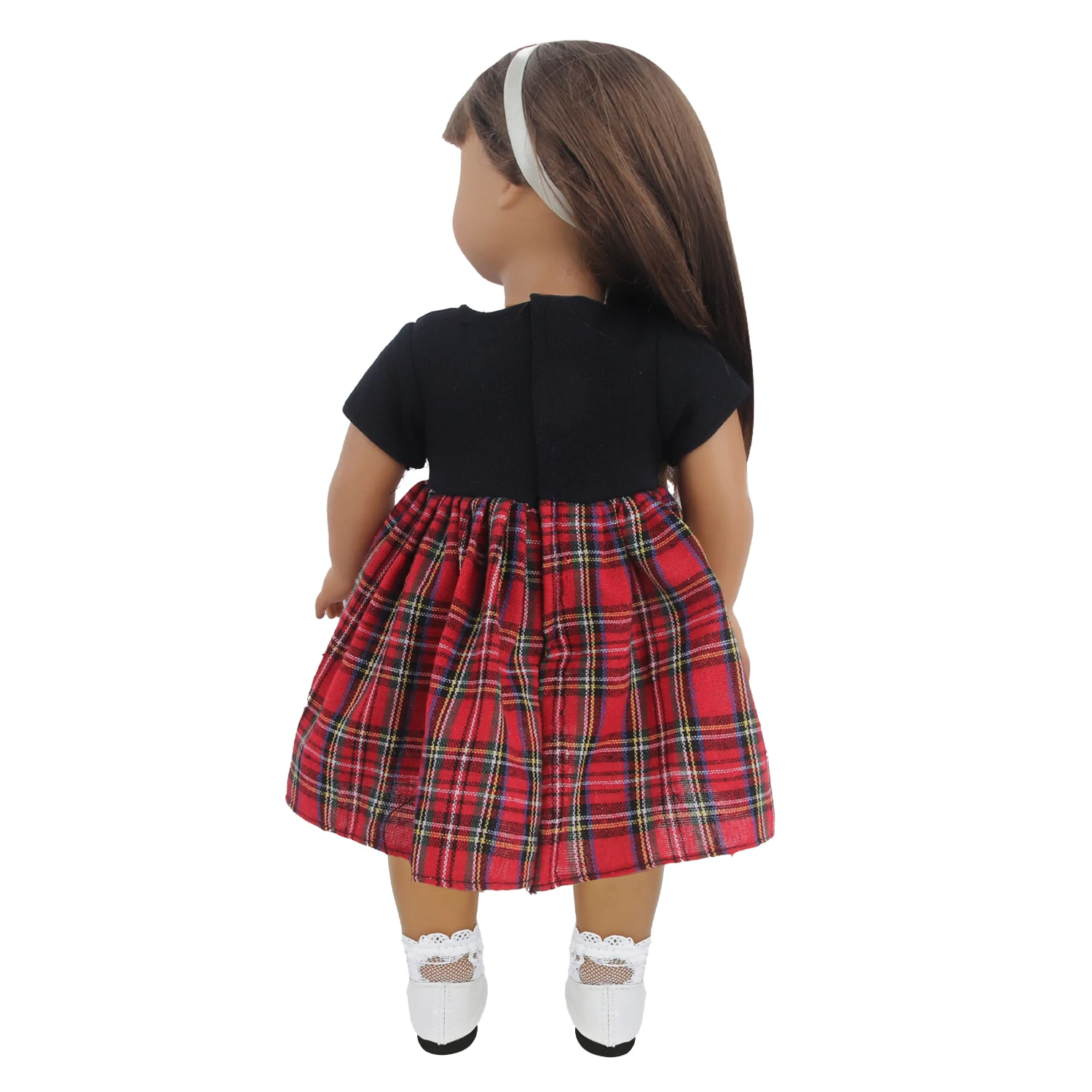 Conjunto de vestido de muñeca para muñecas americanas de 18 pulgadas, falda escocesa a cuadros (vestido, calcetines y diadema), para muñecas recién nacidas de 43cm