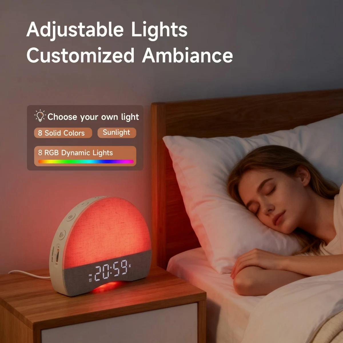 Sunrise Alarm Clock Wake Up Light RGB Night Light 30 Natural Sounds White Noise Machine Bluetooth Speaker Digital Alarm Clock