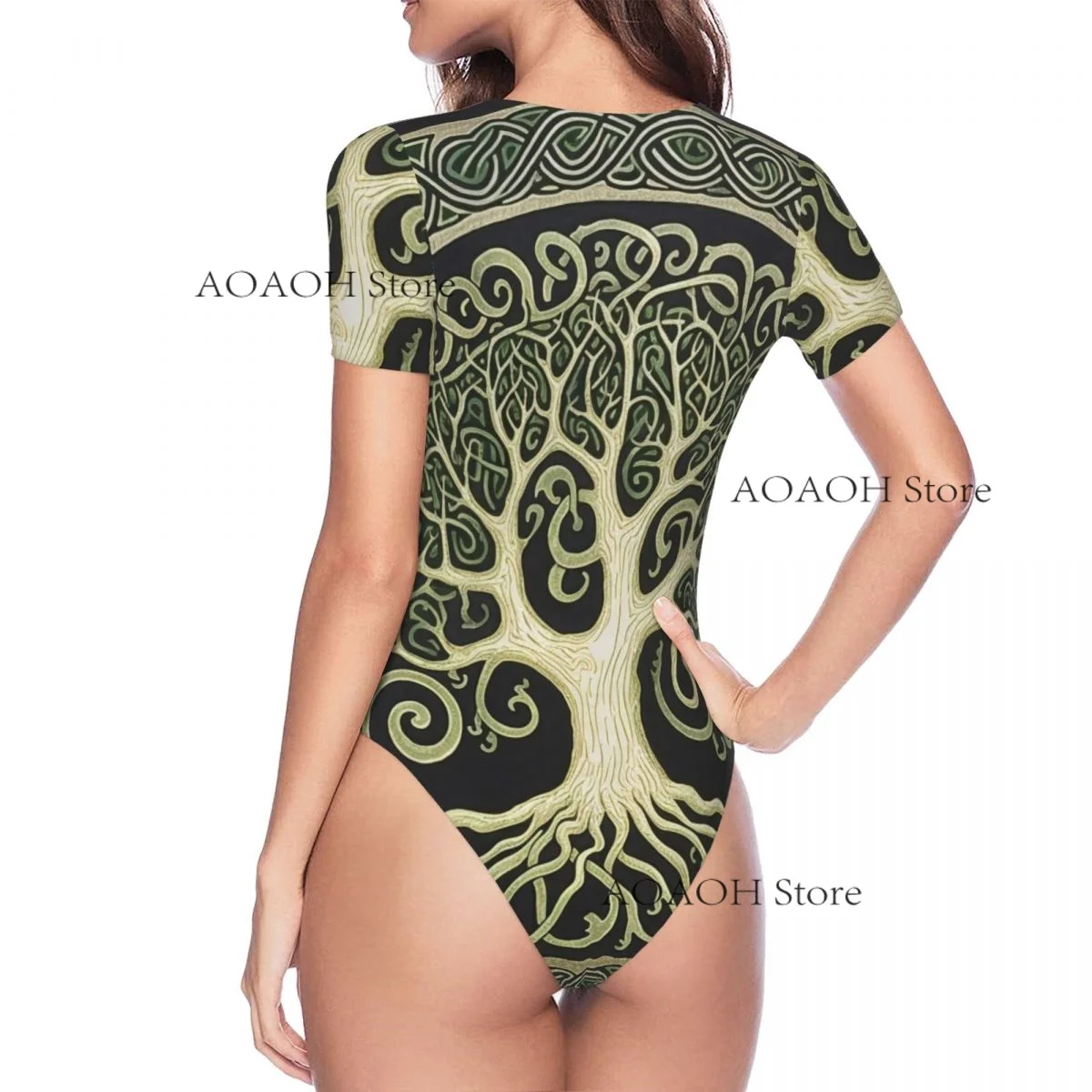 Yggdrasil Tree Of Life ผู้หญิง Casual Crewneck เลกกิ้ง Jumpsuit เซ็กซี่แขนสั้น
