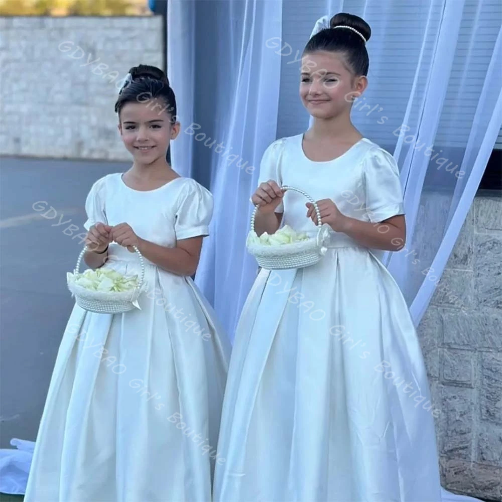 

Customized Satin Flower Girl Dresses for Wedding Toddlers Round Neck Short Sleeve First Communion Dress With Bow Party Ball Gown