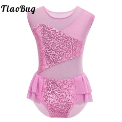 Sparkly Sequins Ballet Gymnastics Leotards Bodysuit for Kids Girls Stylish Cutouts Back Ruffle Hem Ballet Dance Costume