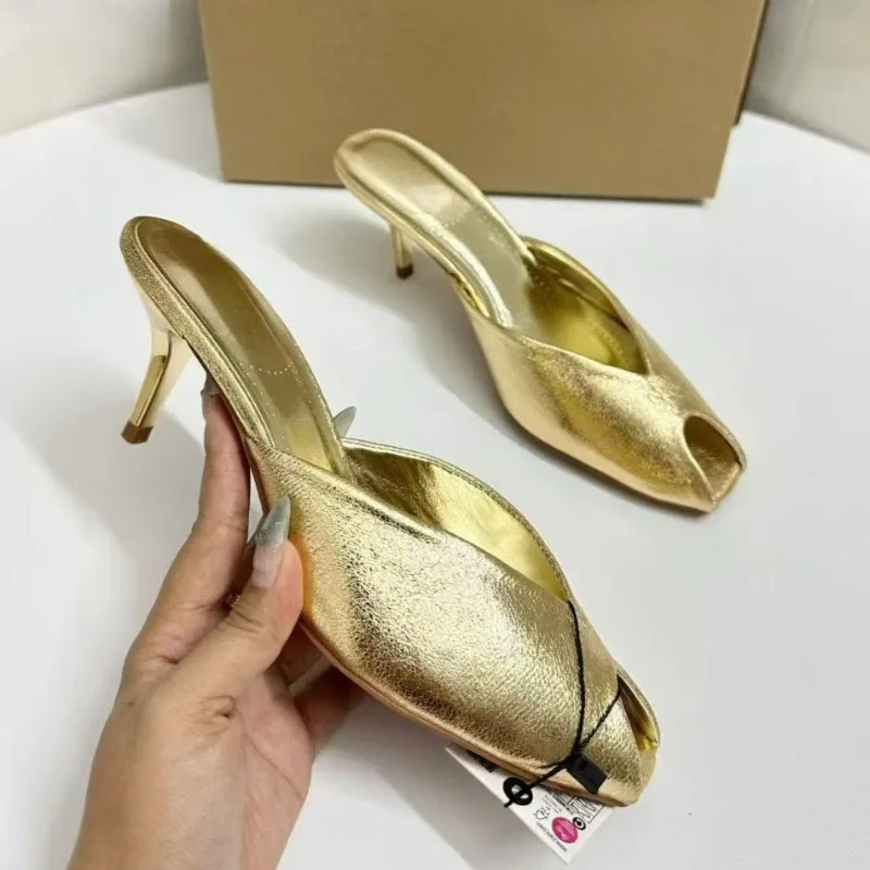 Shiny Gold Women Mules Shoes Shallow Slip on Fashion Peep Toe Party Dress Mid Heels Summer Modern Sandals for Ladies view 4