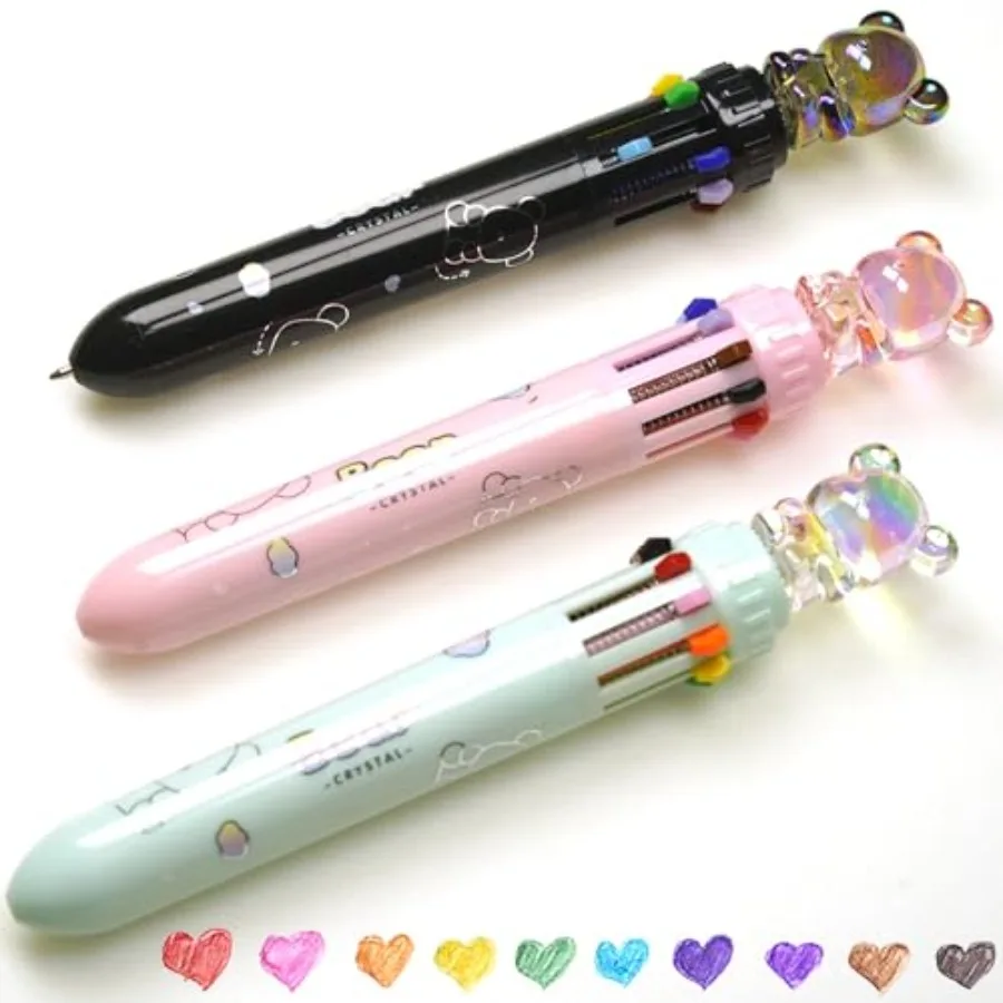 3 عبوات من أقلام متعددة الألوان الكل في واحد 0.7 مم 10 في 1 قلم حبر جاف متعدد مع حقيبة شفافة على شكل دب كريستالي لطيف مثالية لـ Stu