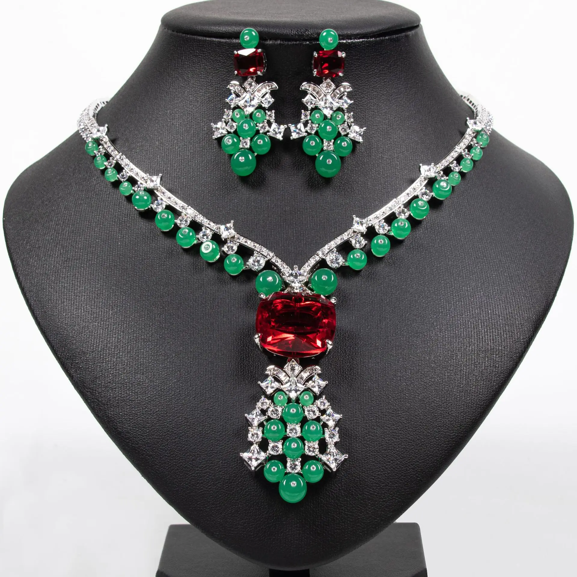 

Super Luxury Crystal CZ Stone 2pcs Jewelry Sets Beautiful Crystal Agate Glass Beads Bridal Wedding Necklace Earrings Sets
