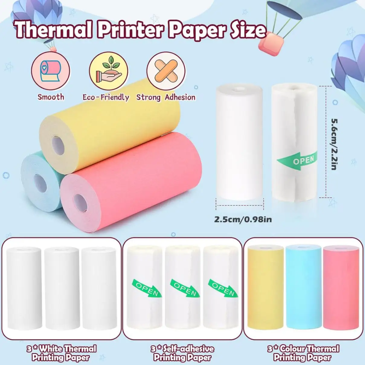 9 Rolls Mini Thermal Printer Paper Thermal Printer Sticker Paper for Sticker Photo Printer and other Mini Pocket Printer