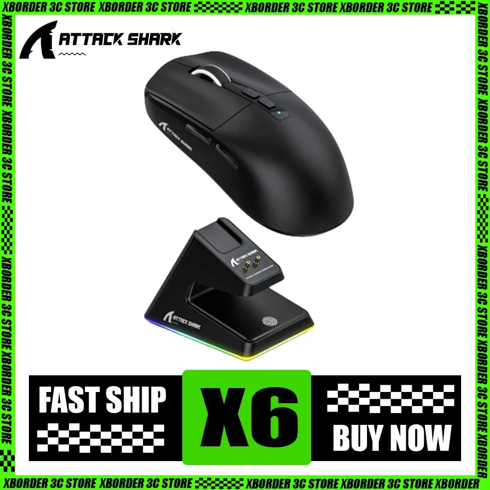 wireless e sports gaming mouse com carregador base attack shark x6 tri mode acessorio para gamer homem presentes paw3395 01