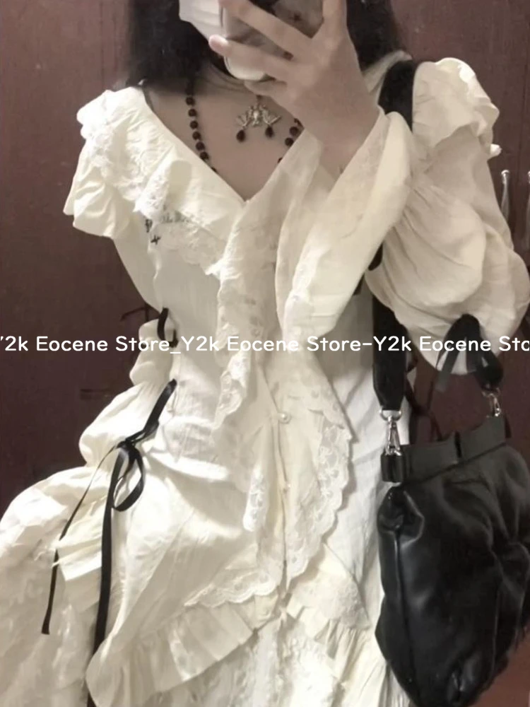 Subculture Vintage Lace Ruffle Trim Bow Tie Backless Blouse Women Slim Fit Long Sleeve Y2k Streetwear Female Trendy Casual Tops