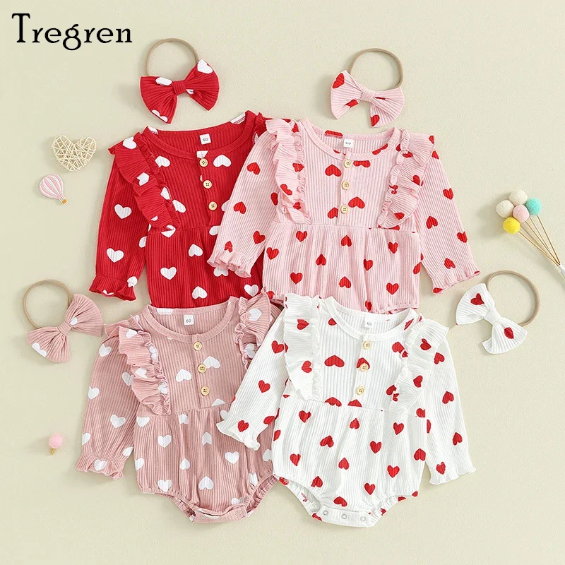 

Tregren 0-18M Infant Newborn Baby Girls Ruffle Romper Cute Heart Print Long Sleeve Button Jumpsuit with Headband Spring Bodysuit