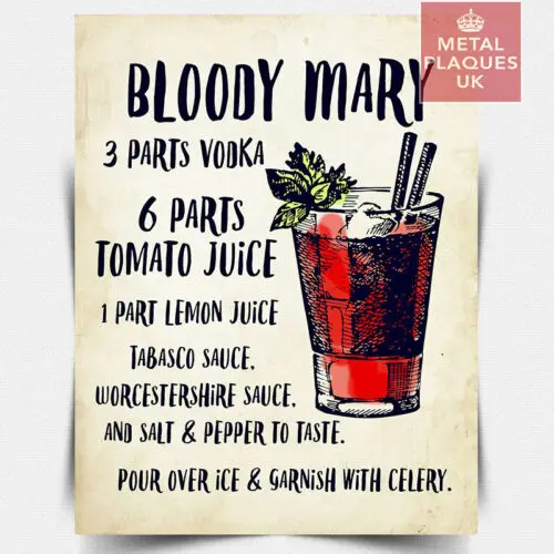 Plaque en métal avec recette de Bloody Mary, cocktail à la vodka, cuisine, bar, café, man cave, en aluminium