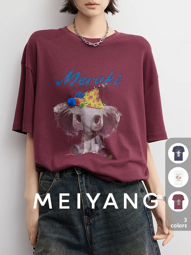 

Футболка MeiYang Micro Drunken Little Elephant, круглая, цвета Ne ort Sve, блузка с принтом, повседневный хлопковый женский летний топ