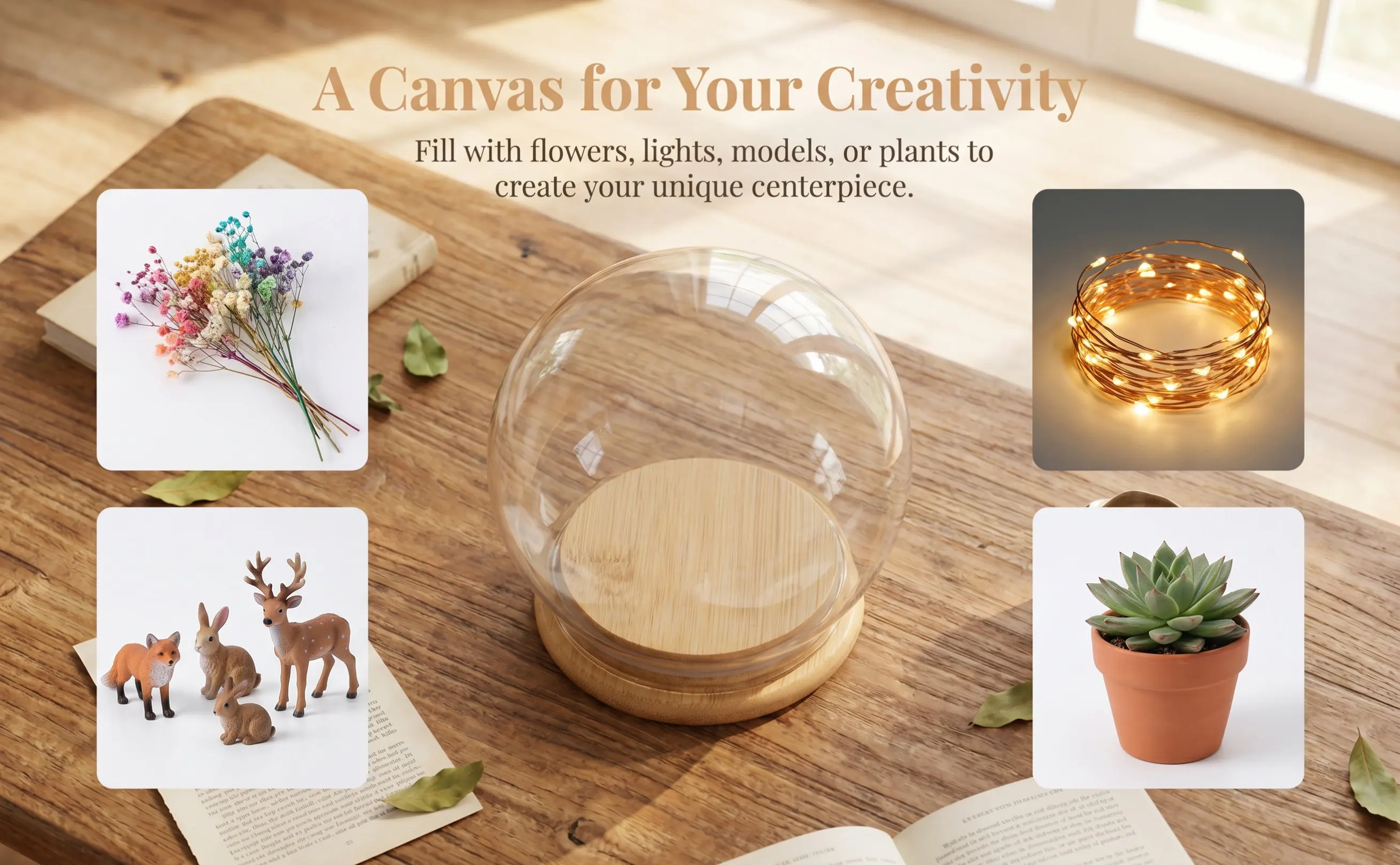 Glass Dome Eternal Flower Display Case Clear Cloche Base DIY Craft Showcase Tabletop Decoration Snow Globe Glass Dome with Base