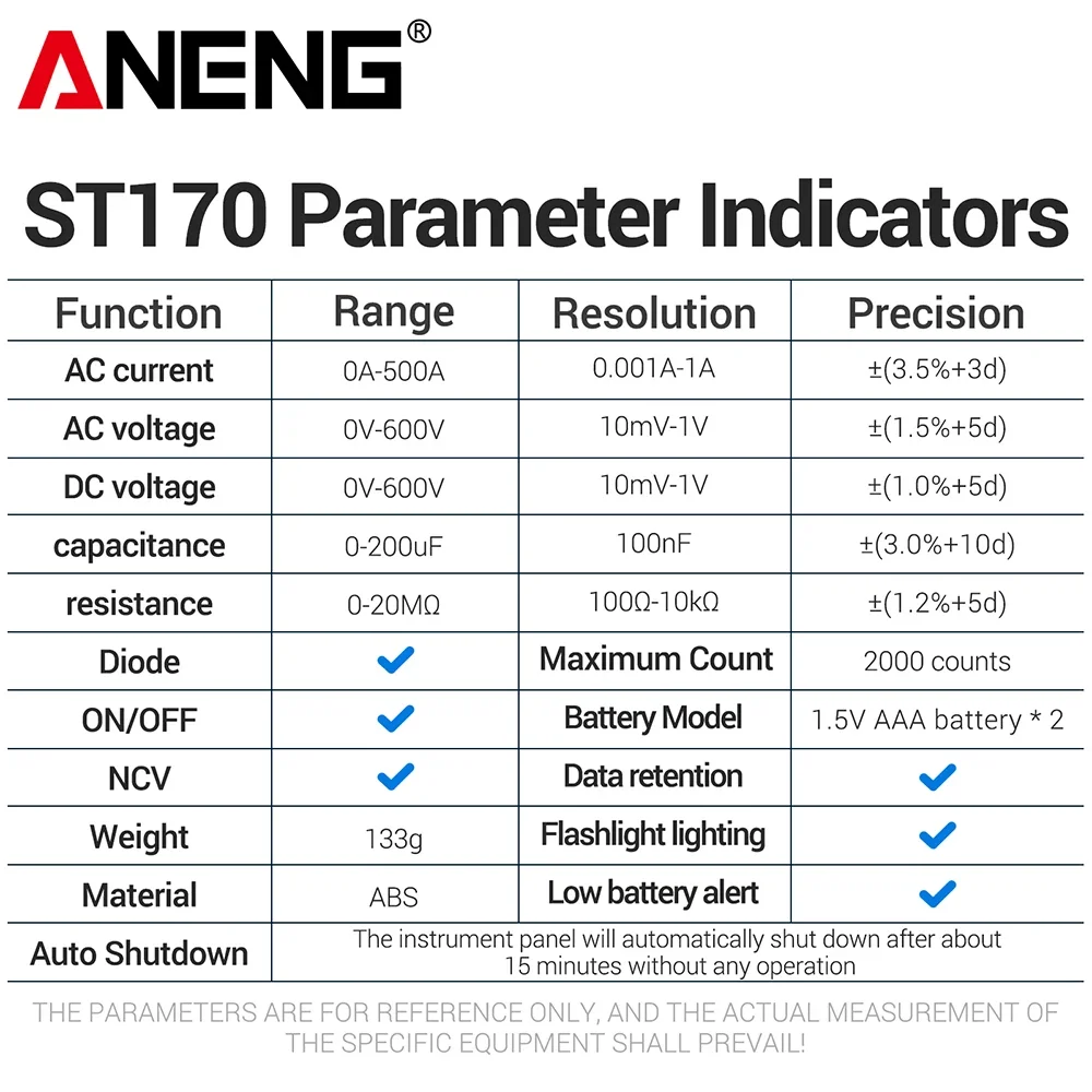 ANENG ST170 Clamp Meter 1999 Counts Digital Multimeter 500A AC/DC Voltage Current NCV Resistance Tester with Free B20 Test Pen