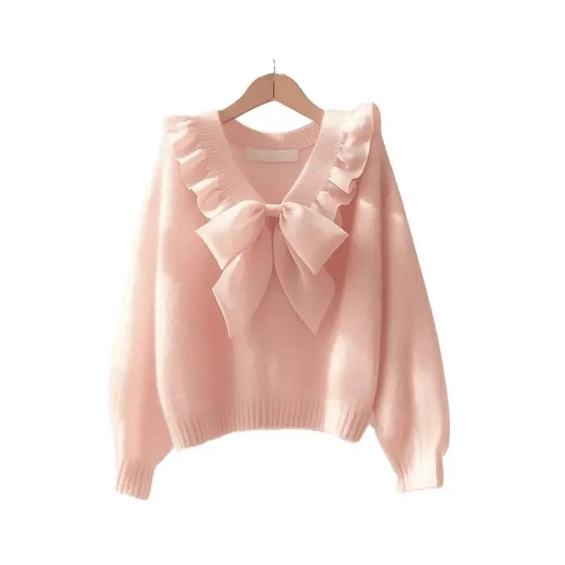 Primavera otoño suéter rosa 2025 nuevo cuello en V ropa suelta de mujer pulóver Top moda Falbala Bowknot blusa de punto femenina