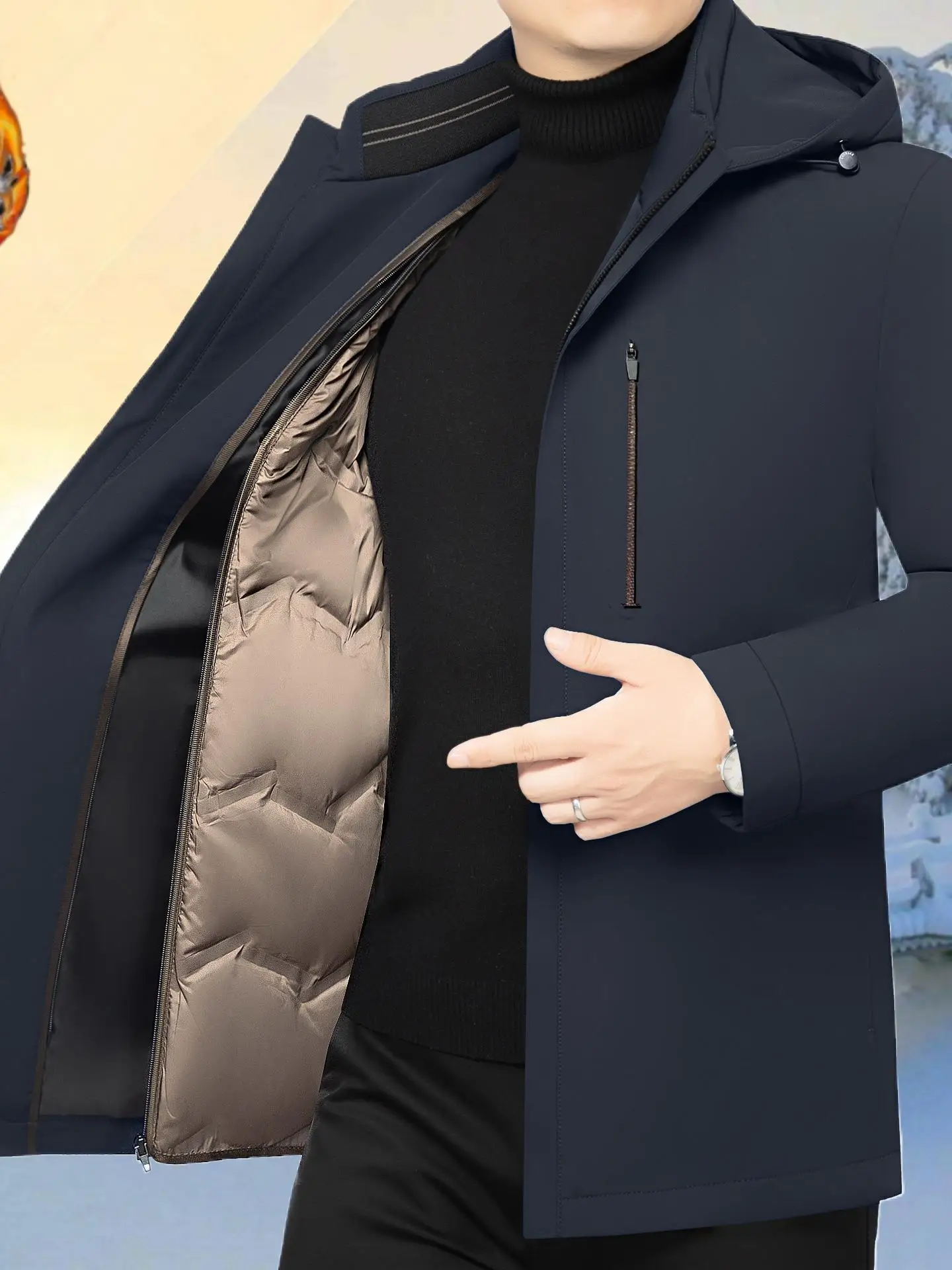 

Detachable Inner Goose down Jaet Men's Thiened Warm Cold Proof Hooded Coat Commute Sle Mid-Length