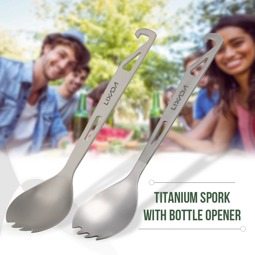 Lixada 2 In 1 Outdoor Titanium Spoon Camping Tableware Bottle Opener Picnic Dinner Titanium Spork Fork for Travel Backpacking