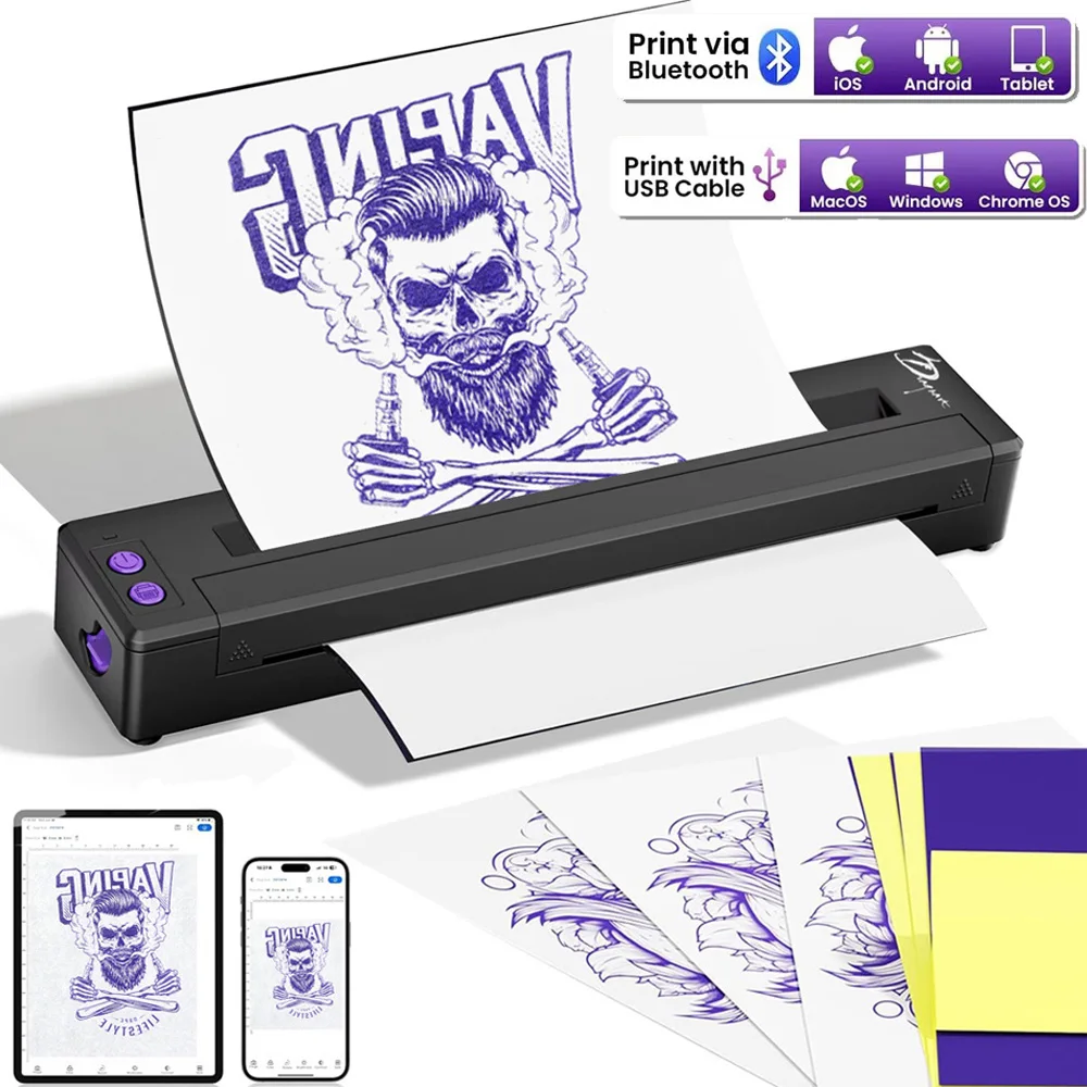 Wireless Tattoo Transfer Machine Portable Tattoo Thermal Printer Copier Bluetooth/USB A4 Paper Printer Compatible Android Ios