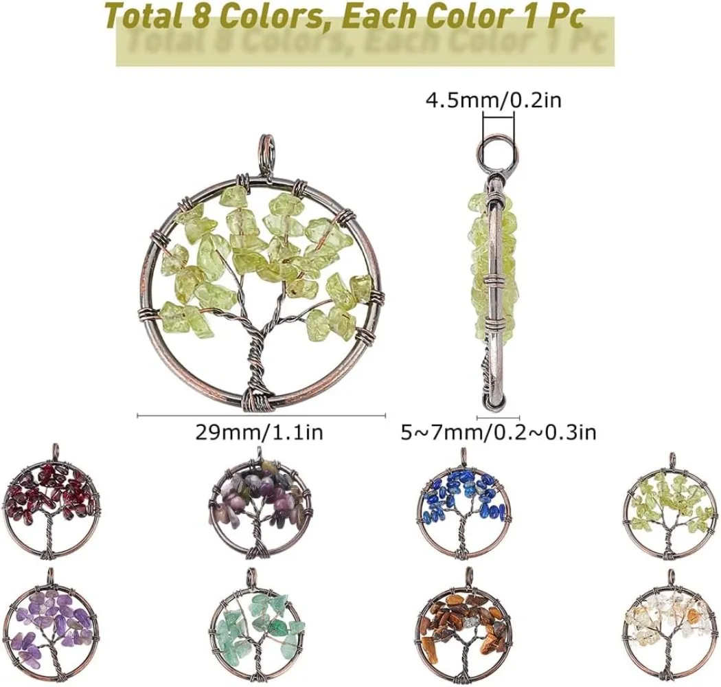 1 Box 8Pcs Tree of Life Charms Bulk Colorful Flat Round Hollow Healing Crystal Gemstone Natural Quartz Chakra making kit