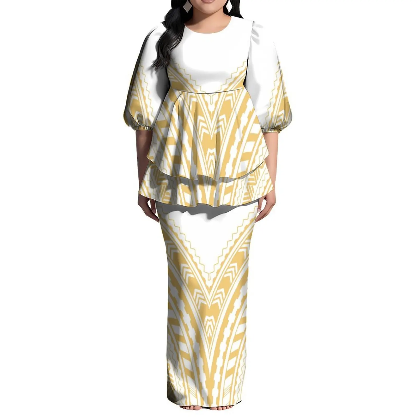 Pacific Art Island Retro Pattern Puletasi Floor-Length Dress Hawaiian Cocktail Party Fiji Tonga Women'S Evening Dress Set