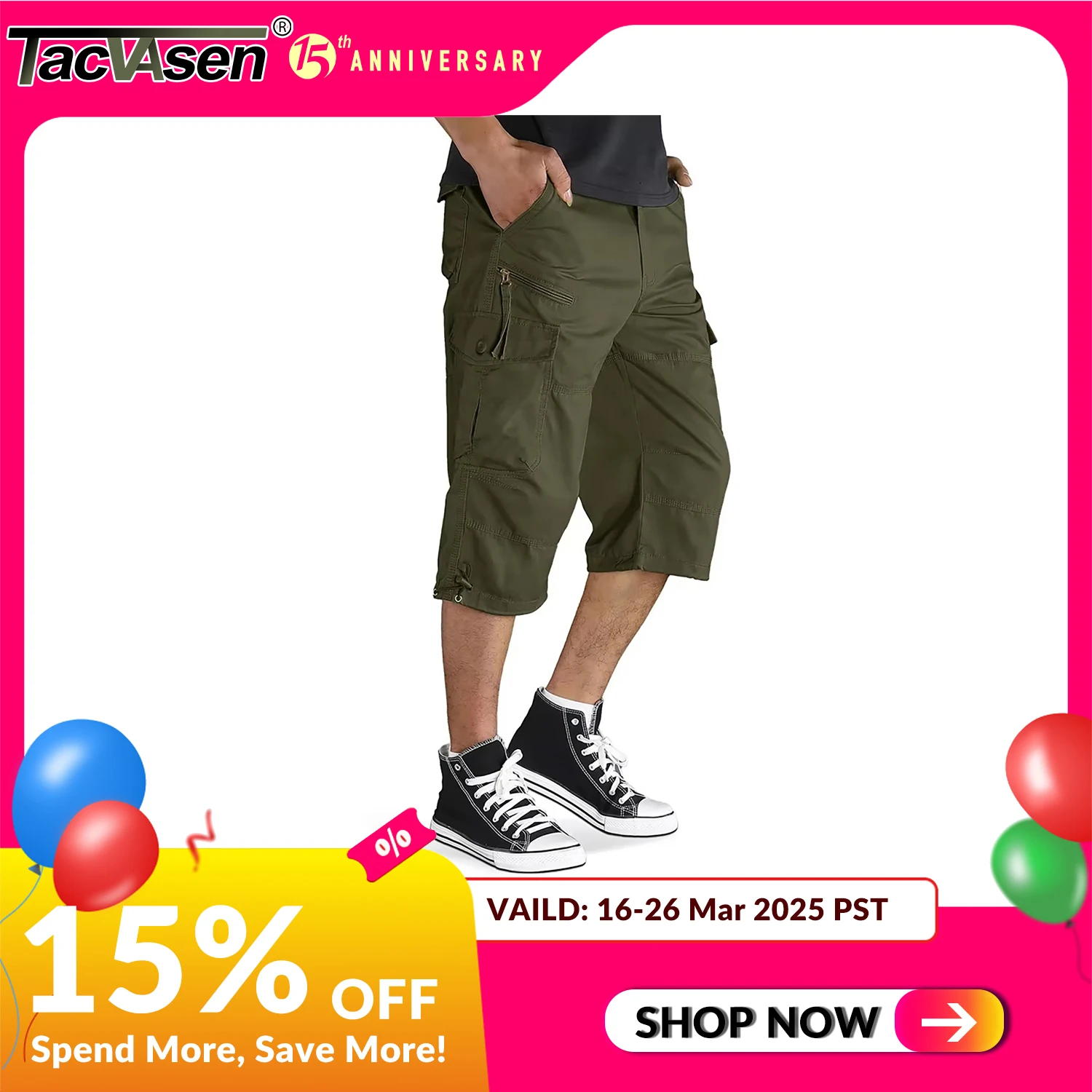 TACVASEN Cotton Below Knee Length 3/4 Long Shorts Men's Outdoor Capri Pants Multi Pocket Summer Twill Work Cargo Pants Man