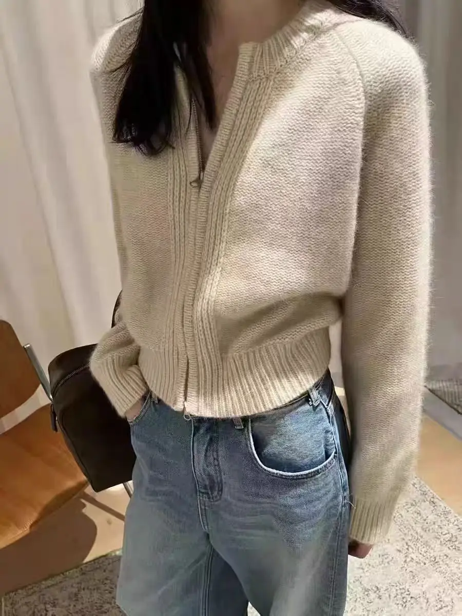 

Лидер продаж, новый вязаный кардиган из чистой шерсти, женский свитер с круглым вырезом, короткий и универсальный однотонный женский топ с длинными рукавами