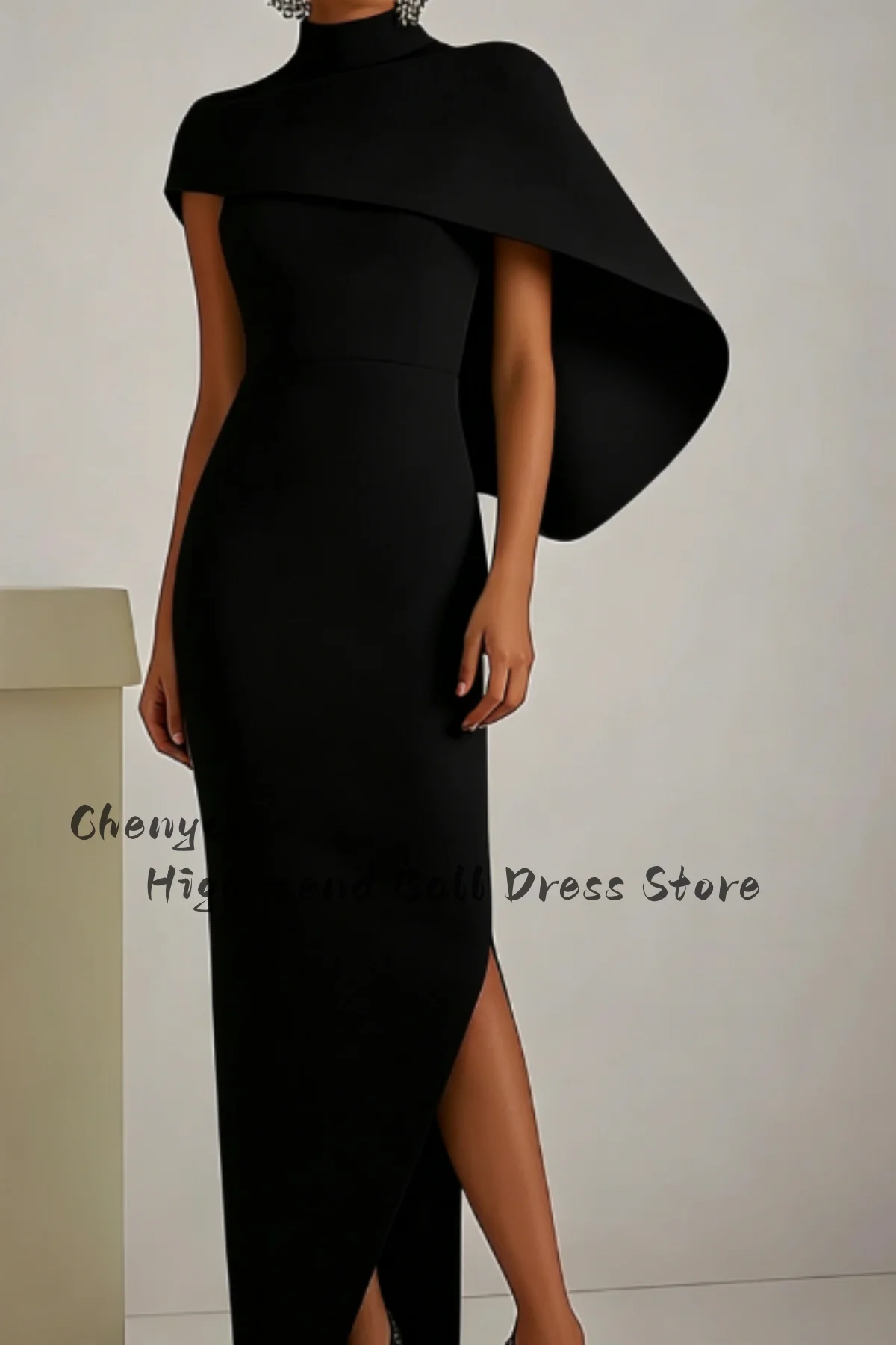TIANTIAN Customized Sage Green Chic Party Wedding Prom Dress High Neck Cape Asymmetric Maxi Dress robes de soirée view 2